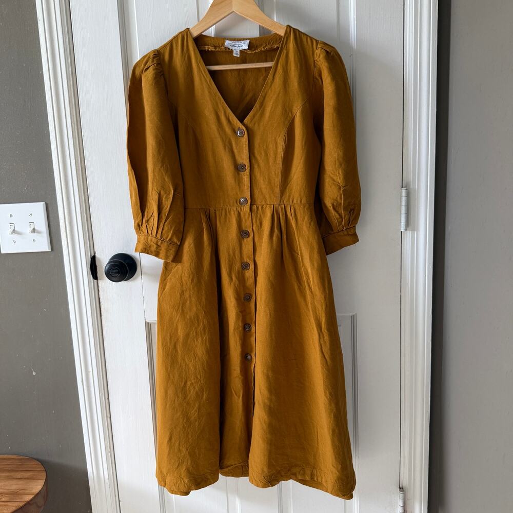 & Other Stories Mustard Linen Blend Midi Dress Puff Sleeve Size 4 Cottage Core